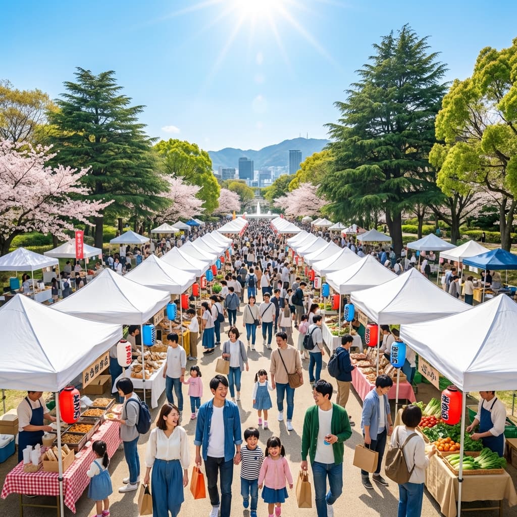 青空の下のマルシェの様子